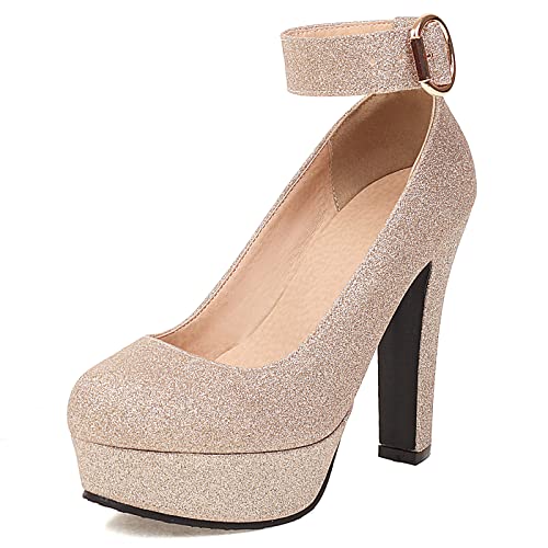 Lizoleor Damen Knöchelriemchen Glitzer Blockabsatz Closed Toe Hochzeit Plateau Schuhe Elegant Höhe Ferse Pumps Party Kleid Gold Gr 36 EU von Lizoleor