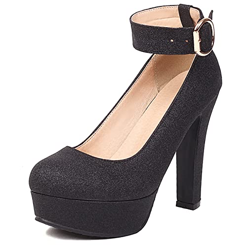 Lizoleor Damen Knöchelriemchen Glitzer Blockabsatz Closed Toe Hochzeit Plateau Schuhe Elegant Höhe Ferse Pumps Party Kleid Schwarz Gr 40.5 EU/42Cn von Lizoleor