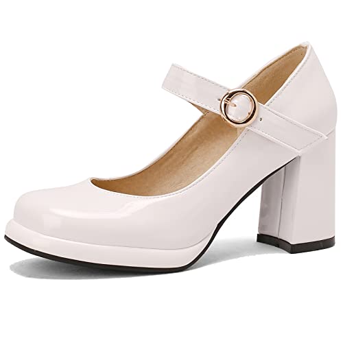 Lizoleor Damen Knöchelriemchen Lack Mary Jane Runde Zehen Blockabsatz Pumps Weit Fit Höhe Ferse Party Plateau Bride Schuhe Kleid Weiß Gr 36.5 EU/37Cn von Lizoleor