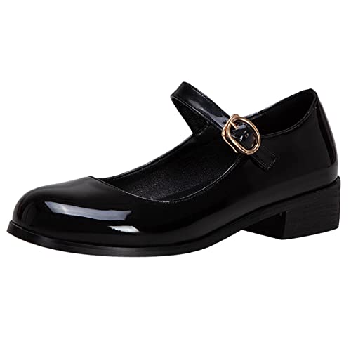 Lizoleor Damen Knöchelriemchen Mary Jane Runde Zehen Klassischer Lack Block Mitte Absatz Pumps Damen Schule Schnalle Leisure Prom Schuhe Schwarz Gr 39 EU/40Cn von Lizoleor
