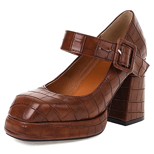 Lizoleor Damen Knöchelriemchen Mode Square Toe Lack Chunky Blockabsatz Plateau Pumps Party Höhe Ferse Mary Jane Schuhe Braun Gr 39 EU/40Cn von Lizoleor