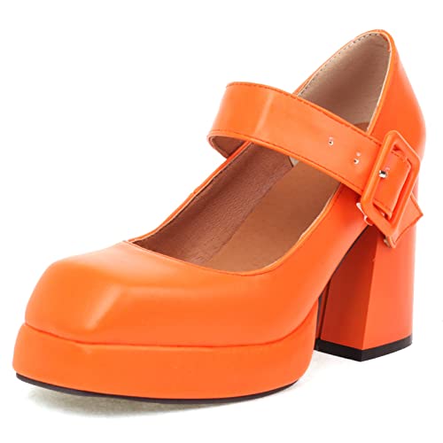 Lizoleor Damen Knöchelriemchen Mode Square Toe Lack Chunky Blockabsatz Plateau Pumps Party Höhe Ferse Mary Jane Schuhe Orange Gr 40 EU/41Cn von Lizoleor