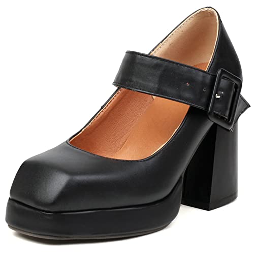 Lizoleor Damen Knöchelriemchen Mode Square Toe Lack Chunky Blockabsatz Plateau Pumps Party Höhe Ferse Mary Jane Schuhe Schwarz Gr 37 EU/38Cn von Lizoleor