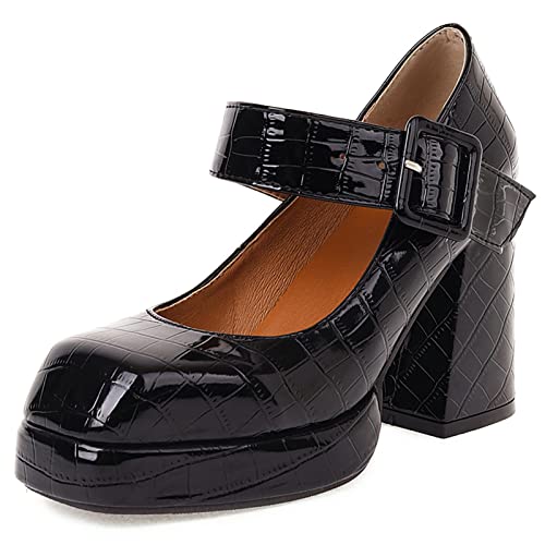 Lizoleor Damen Knöchelriemchen Mode Square Toe Lack Chunky Blockabsatz Plateau Pumps Party Höhe Ferse Mary Jane Schuhe Schwarz Gr 38 EU/39Cn von Lizoleor