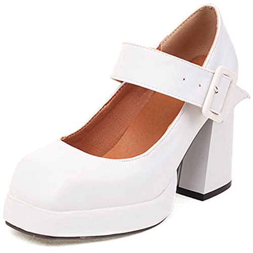 Lizoleor Damen Knöchelriemchen Mode Square Toe Lack Chunky Blockabsatz Plateau Pumps Party Höhe Ferse Mary Jane Schuhe Weiß Gr 36 EU von Lizoleor
