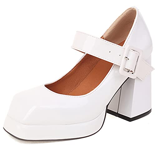 Lizoleor Damen Knöchelriemchen Mode Square Toe Lack Chunky Blockabsatz Plateau Pumps Party Höhe Ferse Mary Jane Schuhe Weiß Gr 38 EU/39Cn von Lizoleor