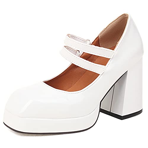 Lizoleor Damen Knöchelriemchen Mode Square Toe Lack Chunky Blockabsatz Plateau Pumps Party Höhe Ferse Mary Jane Schuhe Weiß Gr 40 EU/41Cn von Lizoleor