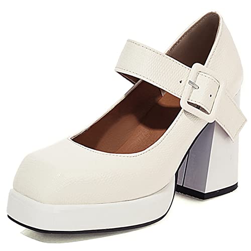Lizoleor Damen Knöchelriemchen Mode Square Toe Lack Chunky Blockabsatz Plateau Pumps Party Höhe Ferse Mary Jane Schuhe Weiß Gr 41 EU/43Cn von Lizoleor