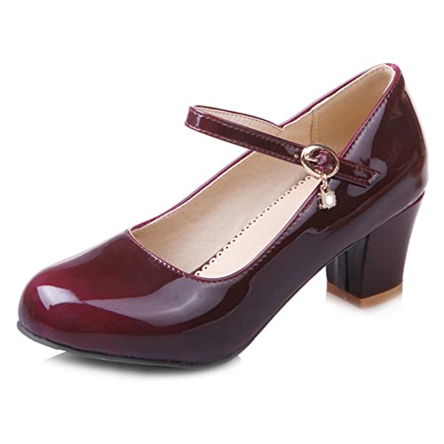 Lizoleor Damen Knöchelriemchen Party Klassischer Mary Jane Blockabsatz Lack Pumps Abend Mitte Absatz Sommer Brautschuhe Kleid Rotwein Gr 36.5 EU/37Cn von Lizoleor