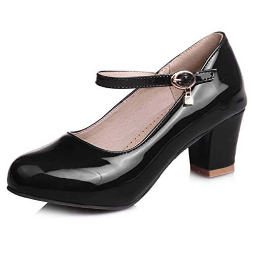 Lizoleor Damen Knöchelriemchen Party Klassischer Mary Jane Blockabsatz Lack Pumps Abend Mitte Absatz Sommer Brautschuhe Kleid Schwarz Gr 46 EU/48Cn von Lizoleor