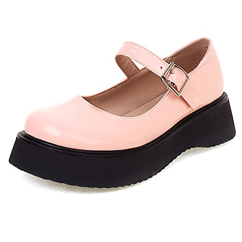 Lizoleor Damen Leisure Runde Zehen Mary Jane Lack Plateau Schuhe Schnalle Damen Schule Prom Weit Fit Walking Comfy Keilabsatz Retro Pumps Pink Gr 40.5 EU/42Cn von Lizoleor