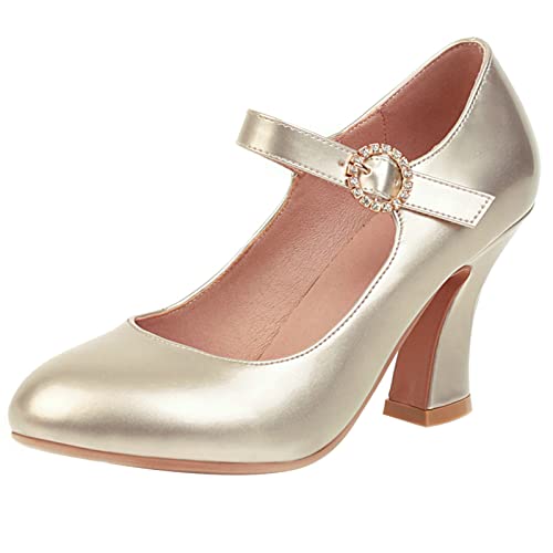 Lizoleor Damen Louis-Xv Absatz Mary Jane Knöchelriemchen Hochzeit Schuhe Closed Toe Bride Höhe Ferse Pumps Kleid Party Heel Gold Gr 36 EU von Lizoleor