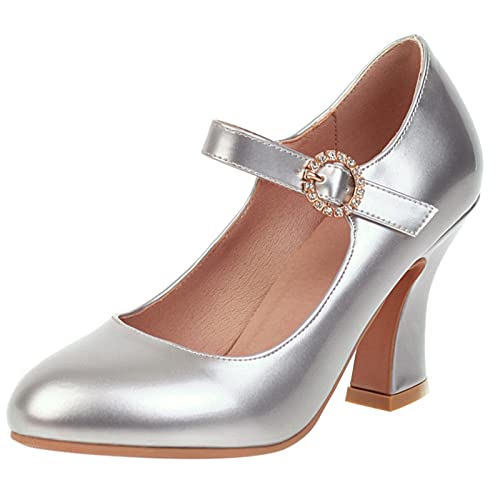 Lizoleor Damen Louis-Xv Absatz Mary Jane Knöchelriemchen Hochzeit Schuhe Closed Toe Bride Höhe Ferse Pumps Kleid Party Heel Silber Gr 36 EU von Lizoleor