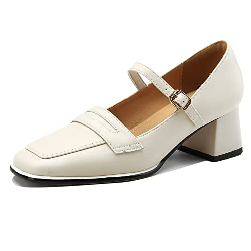 Lizoleor Damen Mary Jane Blockabsatz Formal Arbeit Schuhe Knöchelriemchen Buro Kleid Knöchelriemchen Square Toe Pumps Bridal Beige Gr 34 EU von Lizoleor