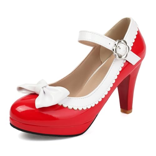 Lizoleor Damen Mary Jane Trichterabsatz Runde Zehen Lack Pumps Bogen Knöchelriemchen Höhe Ferse Sweet Sommer Abend Schuhe Rot Gr 38 EU/39Cn von Lizoleor