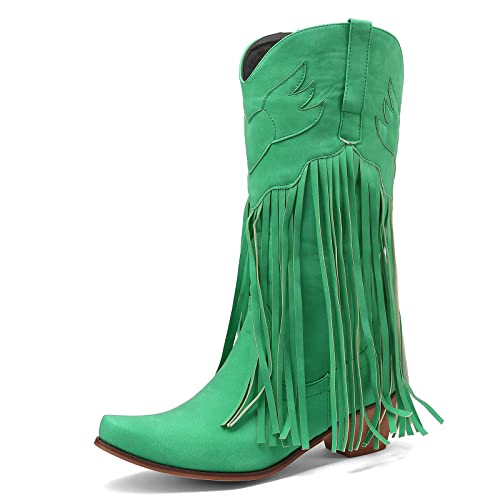 Lizoleor Damen Ohne Verschluss Klassischer Franse Knee Cowboystiefel Pointed Toe Block Mitte Absatz Leisure Westernstiefel Komfort Grün Gr 38 EU/39Cn von Lizoleor