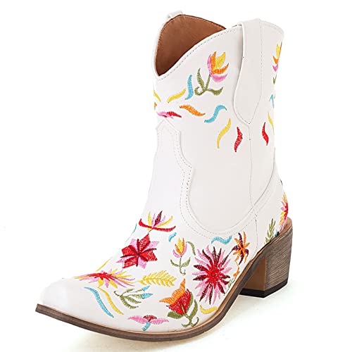 Lizoleor Damen Ohne Verschluss Pointed Toe Embroiderot Cowboystiefel Causal Komfort Western Chelsea Warm Blockabsatz Stiefeletten Weiß Gr 43 EU/45Cn von Lizoleor