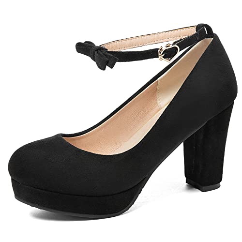 Lizoleor Damen Party Blockabsatz Knöchelriemchen Sommer Plateau Schuhe Hochzeit Höhe Ferse Closed Toe Mary Jane Pumps Bows Schwarz Gr 39 EU/40Cn von Lizoleor