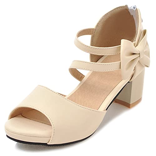 Lizoleor Damen Peep Toe Knöchelriemchen Mary Jane Sandalen Block Mitte Absatz Bridesmaid Comfotable Plateau Kleid Schuhe Mit Bows Beige Gr 42 EU/44Cn von Lizoleor