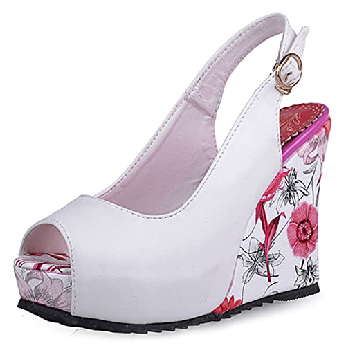 Lizoleor Damen Peep Toe Mode Slingback Plateau Keilabsatz Pumps Höhe Ferse Sommer Party Schnalle Kleid Bridal Prom Schuhe Weiß Gr 35 EU von Lizoleor