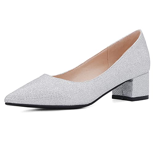 Lizoleor Damen Pointed Toe Bridal Ohne Verschluss Block Mitte Absatz Pumps Kleid Sommer Hochzeit Party Mode Formal Prom Schuhe Silber Gr 34 EU von Lizoleor