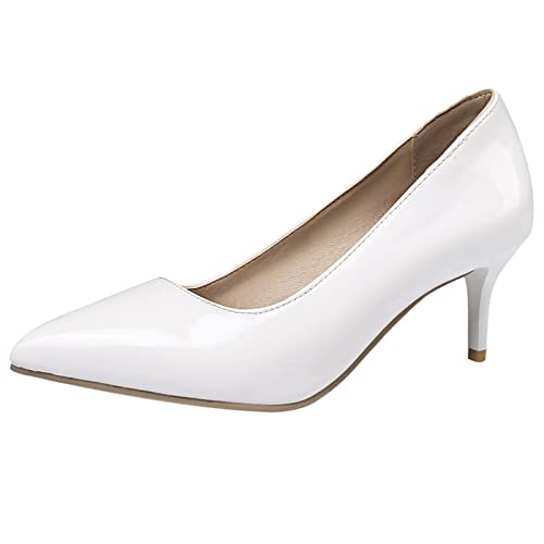 Lizoleor Damen Pointed Toe Hochzeit Ohne Verschluss Bride Kleid Schuhe Elegant Stiletto Höhe Ferse Pumps Party Lack Formal Buro Schuhe Weiß Gr 31 EU von Lizoleor
