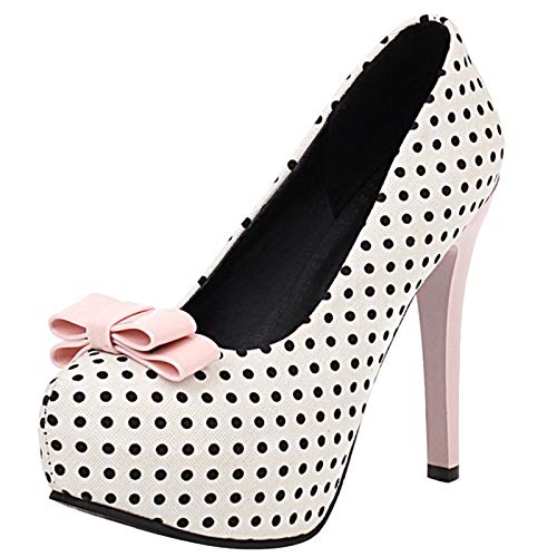 Lizoleor Damen Polka Dot Stiletto Ohne Verschluss Plateau Party Schuhe Elegant Closed Toe Hochzeit Höhe Ferse Pumps Bows Kleid Weiß Gr 39 EU/40Cn von Lizoleor