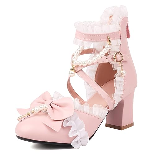 Lizoleor Damen Prom Closed Toe Blockabsatz Ruffles Sandalen Lolita Prom Kleid Schuhe Lovely Hochzeit Kleid Knöchelriemchen Bogen Pumps Pink Gr 46 EU/48Cn von Lizoleor