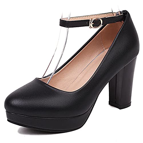 Lizoleor Damen Runde Zehen Elegant Hohen Blockabsatz Hochzeit Schuhe Sommer Closed Toe Mode Mary Jane Pumps Bride Abend Kleid Schwarz Gr 38 EU/39Cn von Lizoleor