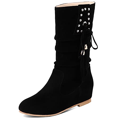 Lizoleor Damen Runde Zehen Klassischer Halbschaft Keilabsatz Mokassin Stiefel Komfort Leisure Ohne Verschluss Franse Draußen Stiefeletten Schwarz Gr 47 EU/49Cn von Lizoleor