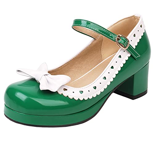 Lizoleor Damen Runde Zehen Lovely Bows Mary Jane Blockabsatz Pumps Weit Fit Damen Party Plateau Knöchelriemchen Kleid Schuhe Grün Gr 38 EU/39Cn von Lizoleor