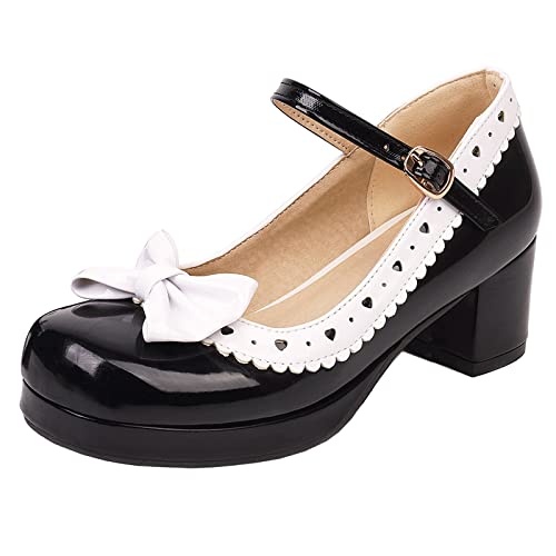 Lizoleor Damen Runde Zehen Lovely Bows Mary Jane Blockabsatz Pumps Weit Fit Damen Party Plateau Knöchelriemchen Kleid Schuhe Schwarz Gr 43 EU/45Cn von Lizoleor