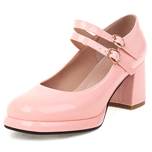Lizoleor Damen Runde Zehen Mary Jane Lack Knöchelriemchen Blockabsatz Plateau Pumps Mode Weit Fit Party Elegant Bridesmaid Schuhe Pink Gr 38 EU/39Cn von Lizoleor