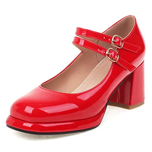 Lizoleor Damen Runde Zehen Mary Jane Lack Knöchelriemchen Blockabsatz Plateau Pumps Mode Weit Fit Party Elegant Bridesmaid Schuhe Rot Gr 39 EU/40Cn von Lizoleor
