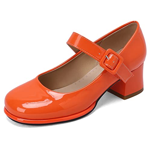 Lizoleor Damen Runde Zehen Mary Jane Lack Knöchelriemchen Pumps Komfort Block Mitte Absatz Brautschuhe Plateau Party Kleid Orange Gr 39 EU/40Cn von Lizoleor