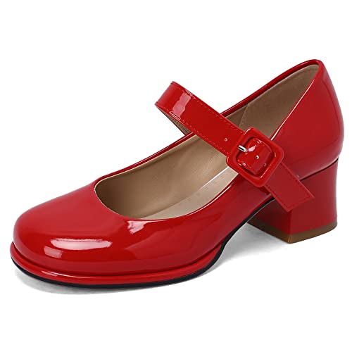 Lizoleor Damen Runde Zehen Mary Jane Lack Knöchelriemchen Pumps Komfort Block Mitte Absatz Brautschuhe Plateau Party Kleid Rot Gr 41 EU/43Cn von Lizoleor