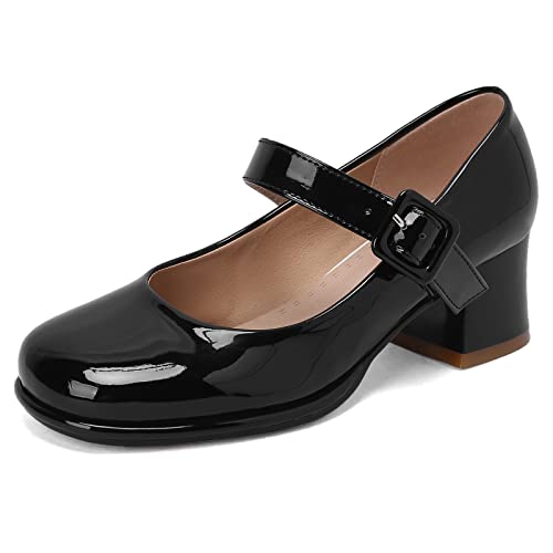 Lizoleor Damen Runde Zehen Mary Jane Lack Knöchelriemchen Pumps Komfort Block Mitte Absatz Brautschuhe Plateau Party Kleid Schwarz Gr 41 EU/43Cn von Lizoleor