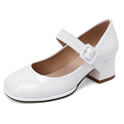 Lizoleor Damen Runde Zehen Mary Jane Lack Knöchelriemchen Pumps Komfort Block Mitte Absatz Brautschuhe Plateau Party Kleid Weiß Gr 39 EU/40Cn von Lizoleor