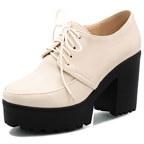 Lizoleor Damen Runde Zehen Mode Chunky Heel Plateau Schuhe Schnüren Leisure Hohen Blockabsatz Pumps Komfort Closed Toe Beige Gr 37 EU/38Cn von Lizoleor