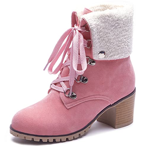 Lizoleor Damen Runde Zehen Mode Military Snow Stiefeletten Blockabsatz Leisure Warm Fell Lined Schnüren Chukka Shearling Stiefel Pink Gr 37 EU/38Cn von Lizoleor