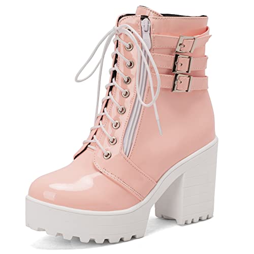 Lizoleor Damen Runde Zehen Mode Schnüren Plateau Motorradstiefel Lack Chunky Heel Winter Party Ankle Stiefeletten Schnalle Pink Gr 39 EU/40Cn von Lizoleor