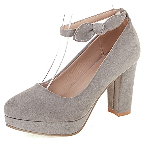 Lizoleor Damen Runde Zehen Prom Kleid Blockabsatz Mary Jane Knöchelriemchen Pumps Bows Chunky Höhe Ferse Hochzeit Plateau Pumps Grau Gr 41 EU/43Cn von Lizoleor