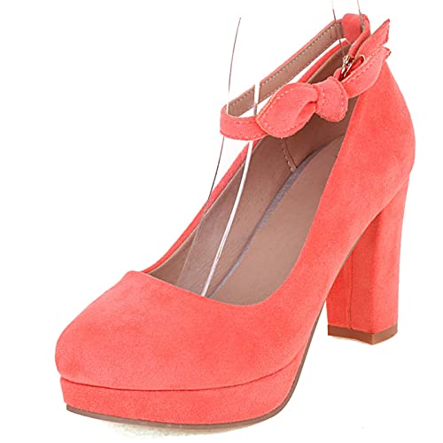 Lizoleor Damen Runde Zehen Prom Kleid Blockabsatz Mary Jane Knöchelriemchen Pumps Bows Chunky Höhe Ferse Hochzeit Plateau Pumps Orange-Rot Gr 38 EU/39Cn von Lizoleor