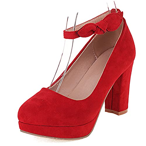 Lizoleor Damen Runde Zehen Prom Kleid Blockabsatz Mary Jane Knöchelriemchen Pumps Bows Chunky Höhe Ferse Hochzeit Plateau Pumps Rot Gr 38 EU/39Cn von Lizoleor