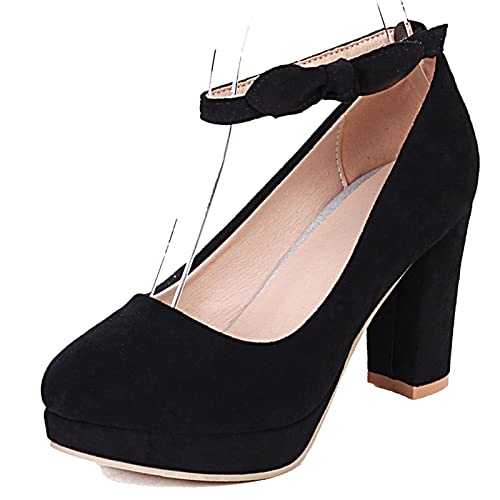 Lizoleor Damen Runde Zehen Prom Kleid Blockabsatz Mary Jane Knöchelriemchen Pumps Bows Chunky Höhe Ferse Hochzeit Plateau Pumps Schwarz Gr 44 EU/46Cn von Lizoleor
