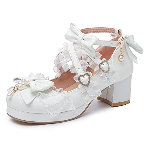 Lizoleor Damen Runde Zehen Ruffles Knöchelriemchen Mary Jane Hochzeit Schuhe Princess Block Mitte Absatz Pumps Lolita Party Bows Weiß Gr 38 EU/39Cn von Lizoleor