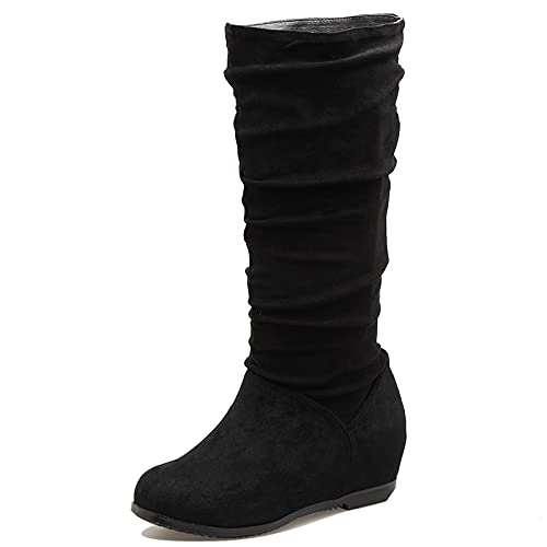 Lizoleor Damen Runde Zehen Slouch Knee Mokassin Stiefel Keilabsatz Winter Leisure Fell Lined Interne Erhohen Klassischer Stiefeletten Schwarz/Dl Gr 36 Eu von Lizoleor