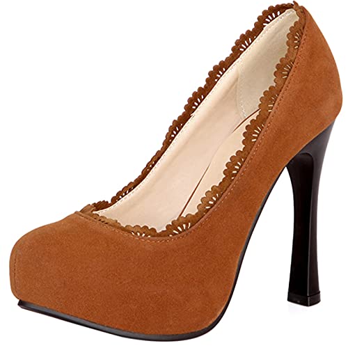 Lizoleor Damen Runde Zehen Stiletto Pumps Plateau Kleid Comfy Ohne Verschluss Brautschuhe Elegant Arbeit Party Höhe Ferse Braun Gr 43 EU/45Cn von Lizoleor