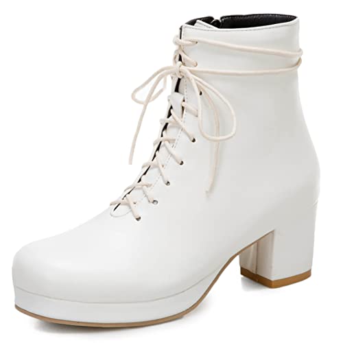 Lizoleor Damen Runde Zehen Weit Fit Reißverschluss Blockabsatz Stiefeletten Military Mode Plateau Chukka Biker Stiefeletten Winter Leisure Weiß Gr 38 EU/39Cn von Lizoleor