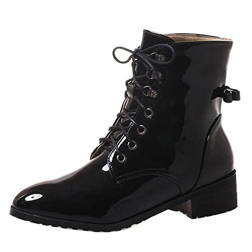 Lizoleor Damen Schnüren Block Mitte Absatz Lack Klassischer Biker Stiefeletten Winter Leisure Runde Zehen Combat Mode Military Chukka Stiefeletten Schwarz Gr 38 EU/39Cn von Lizoleor
